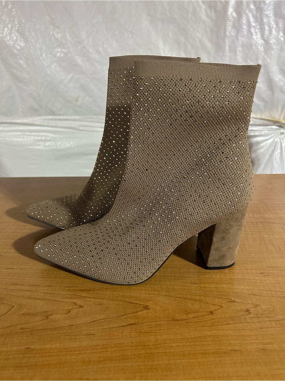 MIA Taupe Rhinestone Knit Pointed Ankle Booties